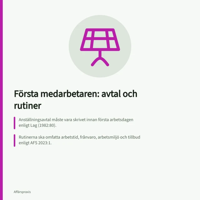 Första medarbetaren: avtal och rutiner: Anställningsavtal måste vara skrivet innan första arbetsdagen enligt Lag (1982:80).; Rutinerna ska omfatta arbetstid, frånvaro, arbetsmiljö och tillbud enligt AFS 2023:1.; Arbetsgivare behåller ansvar även vid fördelning av arbetsmiljöuppgifter. Anställningsavtal och personalrutiner för första medarbetaren