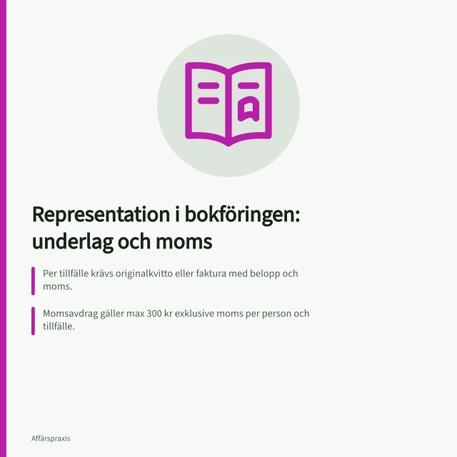 Representation i bokföringen: underlag och moms: Per tillfälle krävs originalkvitto eller faktura med belopp och moms.; Momsavdrag gäller max 300 kr exklusive moms per person och tillfälle.; Särredovisning kräver tydlig koppling mellan post och underlag per tillfälle. Representation i bokföringen: underlagen per tillfälle – med och utan moms