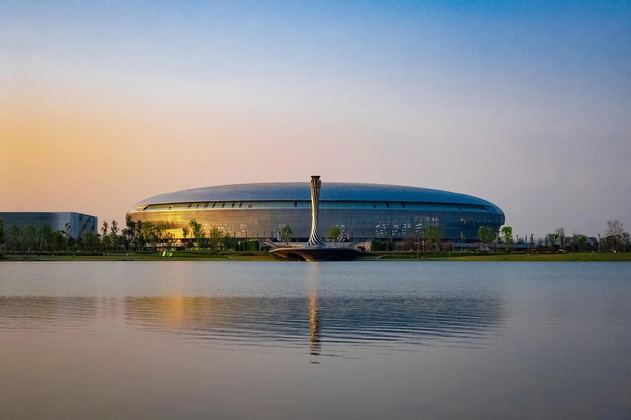 sjö, bro, stadion, fackla, parkera, dong'an sjö, chengdu, kina, universiad, världsuniversitetsspel, natur, himmel, fisu världens universitetsspel, sportmöte